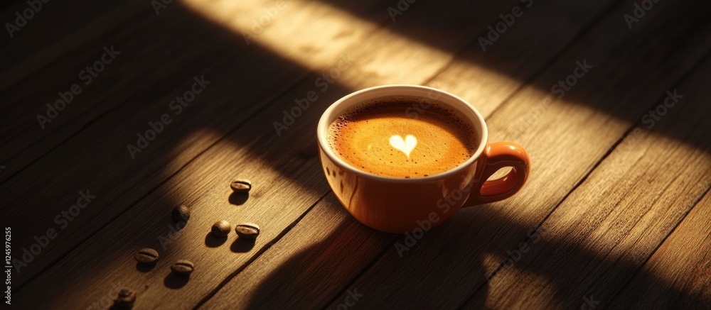 Poster espresso coffee in a warm cup on a rustic wooden surface with coffee beans and soft lighting creatin