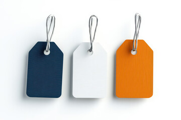 Three distinct price tags in vibrant colors, ideal for retail or organization. isolated on white background.