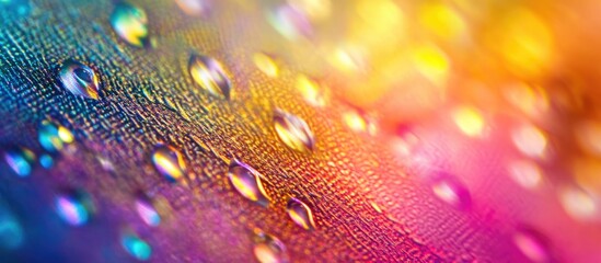 Silicon wafer showcasing a vibrant spectrum of colors with water droplets reflecting light in an abstract macro photography style.