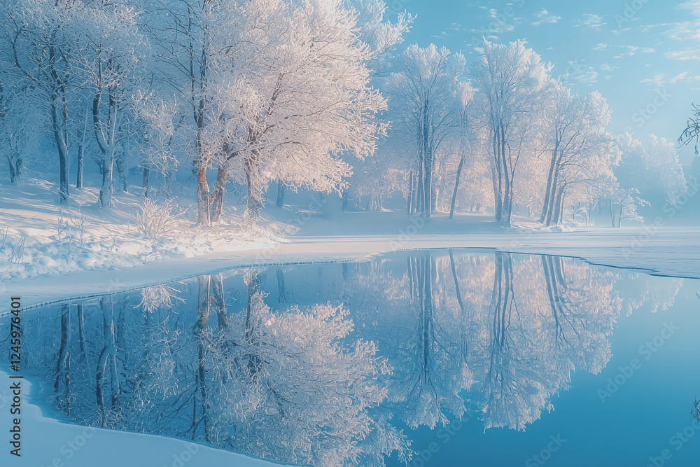 Poster serene lake surrounded by trees with snow covered branches reflecting in the calm water on a clear w