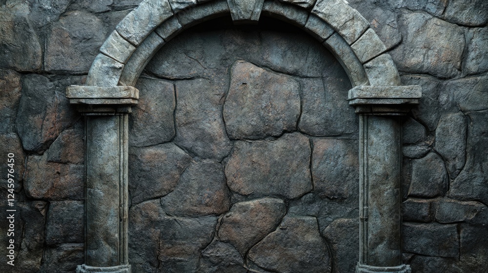 Aufkleber weathered stone wall with arch and stucco remnants featuring ample space for text or graphic overlay