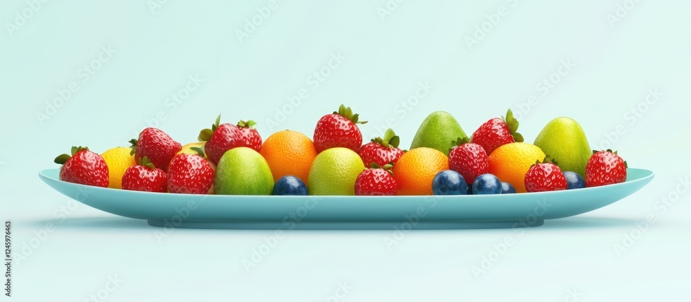Aufkleber vibrant fruit platter featuring strawberries grapes oranges and limes on aqua background with space 