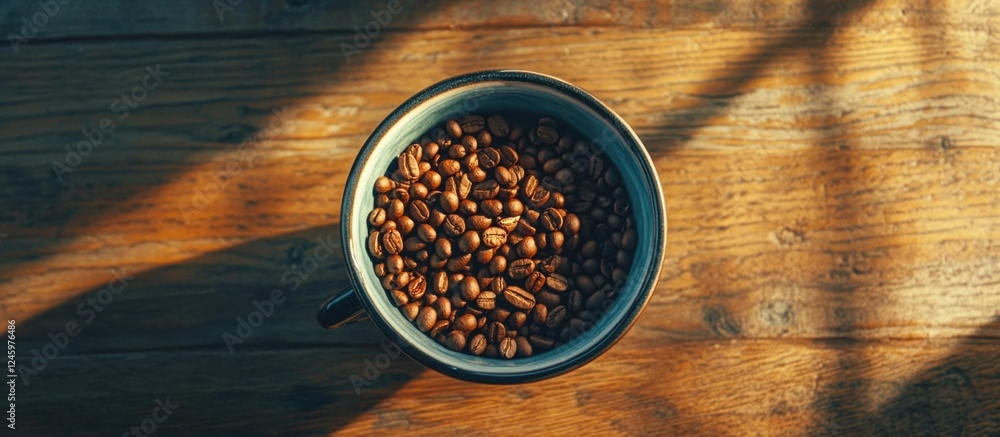 Poster Coffee beans in a cup on a wooden desk with natural light creating shadows and highlighting the textured surface of the wood.