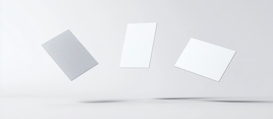 Surreal floating white business cards in mid-air against a clean white background ideal for mockup and design presentations.