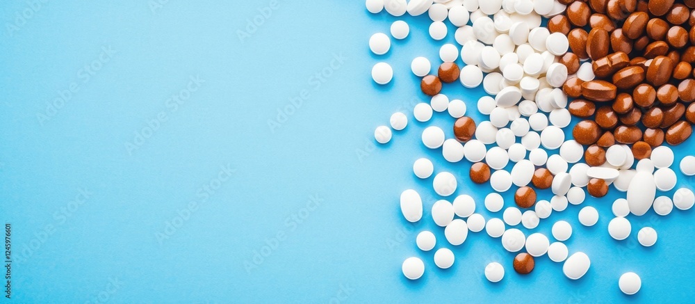 Poster Crushed white and brown pills on a vibrant blue background with ample empty space for text and design elements.