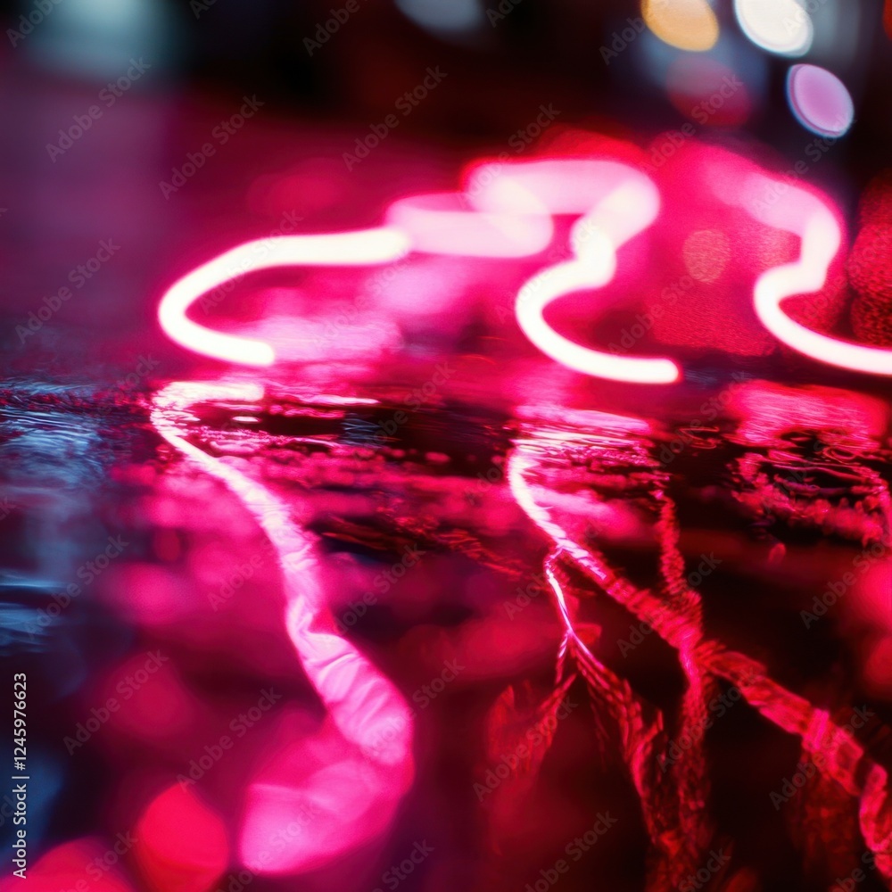 Wall mural soft-focus red neon light reflections on a wet surface creating an abstract background
