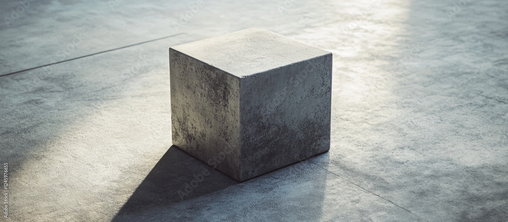 Poster Concrete cube on floor with textured surface, symbolizing construction and industrial design concepts in architectural settings.