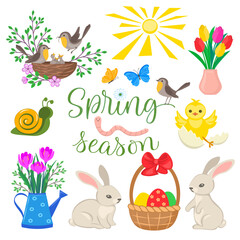 Set of springtime vector illustrations with Easter bunny, basket of eggs, birds and flowers