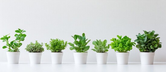 Eco friendly indoor plants in white pots on minimalist office desk with biophilic design and ample blank space for design or text