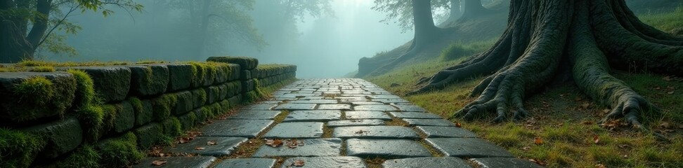 Ancient, crumbling, stone pavement in misty landscape, tree roots, wooden beam