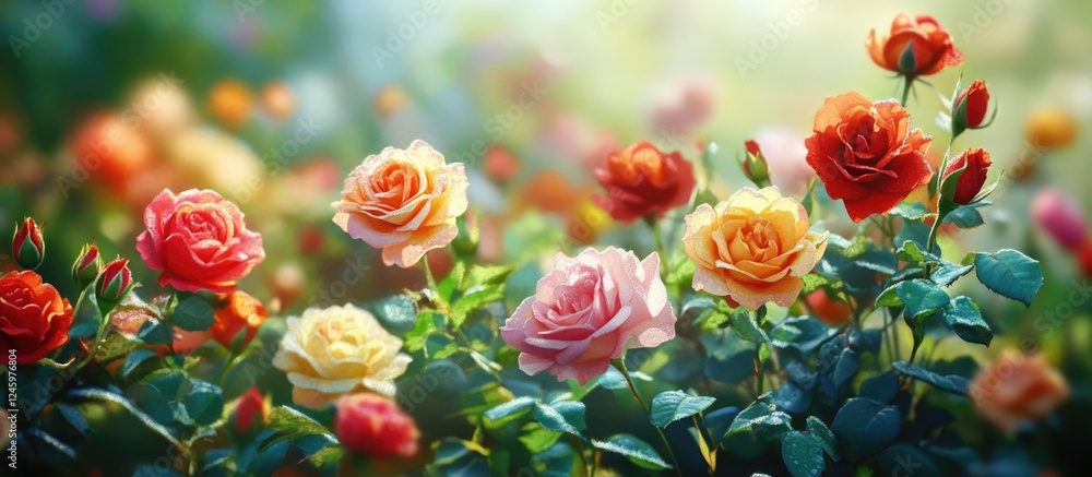 Poster vibrant garden scene featuring an array of colorful roses in full bloom surrounded by lush greenery 