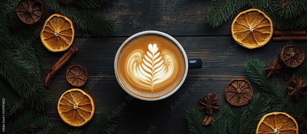 Poster cozy overhead view of coffee cup with christmas tree latte art surrounded by dried orange slices and