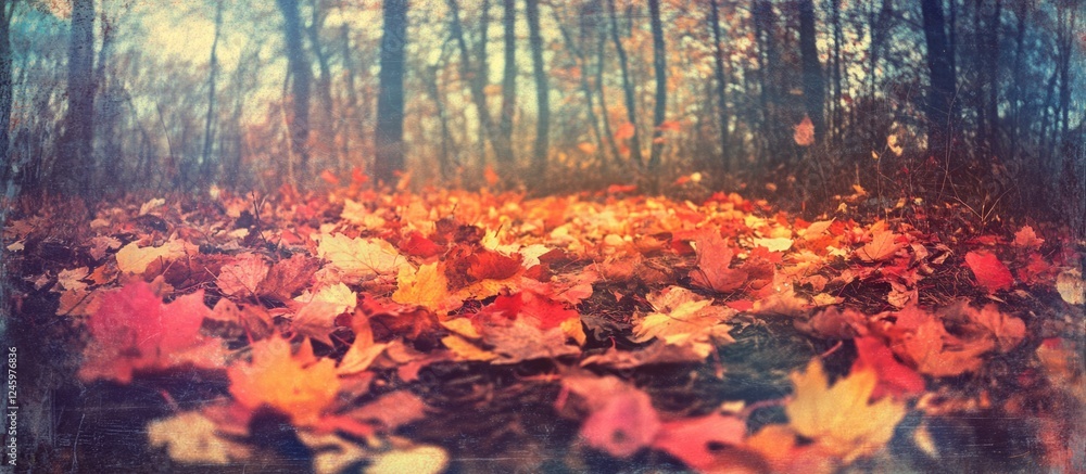 Poster vibrant array of colorful dry autumn leaves scattered on a softly illuminated forest floor creating 