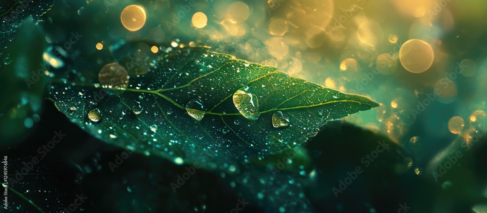 Poster dew drop on leaf with blurred background and bokeh effect in green and gold tones