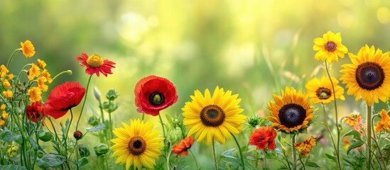 Obraz premium Vibrant summer flower collage showcasing yellow and red blossoms against a lush green backdrop in warm sunlight.