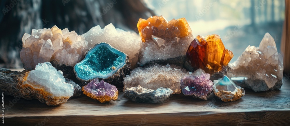 Poster vibrant collection of natural crystals and minerals including agates geodes and jaspers on display i