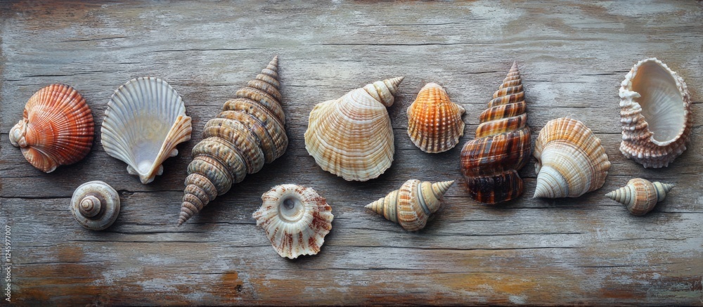 Poster variety of colorful seashells arranged on a rustic wooden background showcasing natural textures and