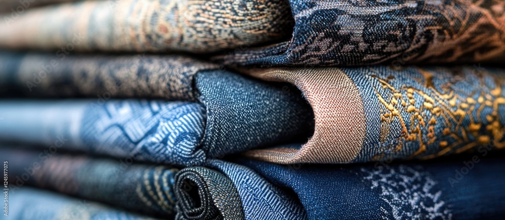 Poster fashionable denim fabric in an array of textures and colors stacked neatly for a stylish and vibrant