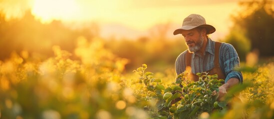 Farmer harvesting organic apples in a sunlit countryside setting with room for text to promote agricultural sustainability and healthy living.