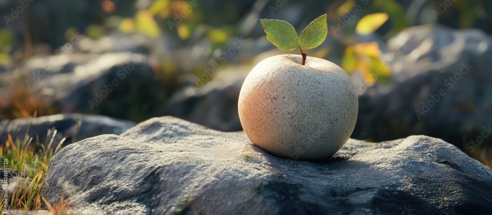 Poster Stone apple sculpture on textured rocks with a green leaf and space for text customization in a natural setting.