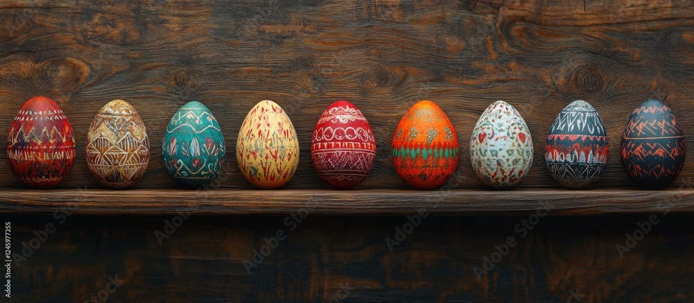 Poster colorful easter eggs arranged on a rustic wooden shelf against a dark background showcasing intricat