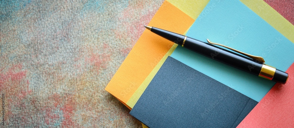 Poster colorful notebook paper sheets and a pen placed on a textured mat surface for creative writing or of
