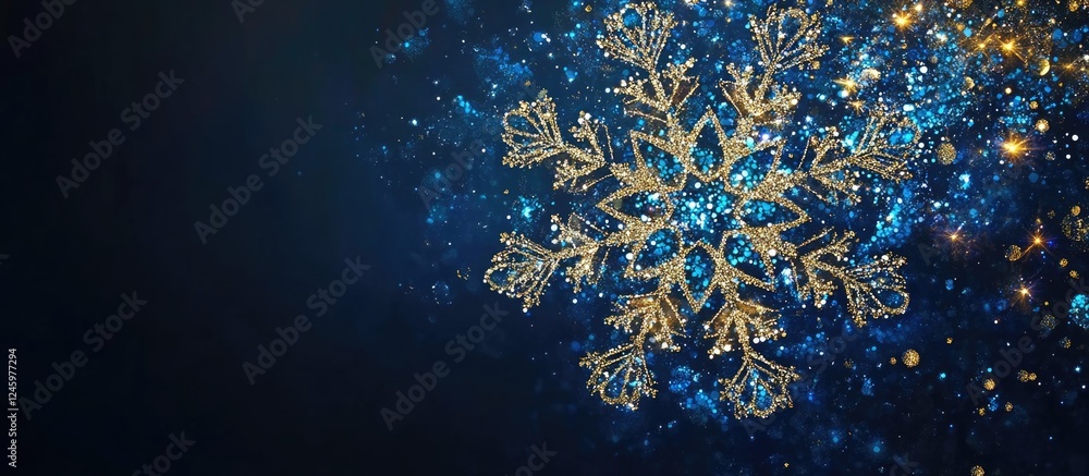 Aufkleber Cosmic snowflake design featuring shimmering blue and gold glitter with ample space for personalized text or festive messaging