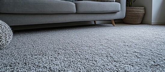 Stylish Loft Interior with Grey Fabric Sofa and Textured Carpet Featuring Empty Space for Text or Branding