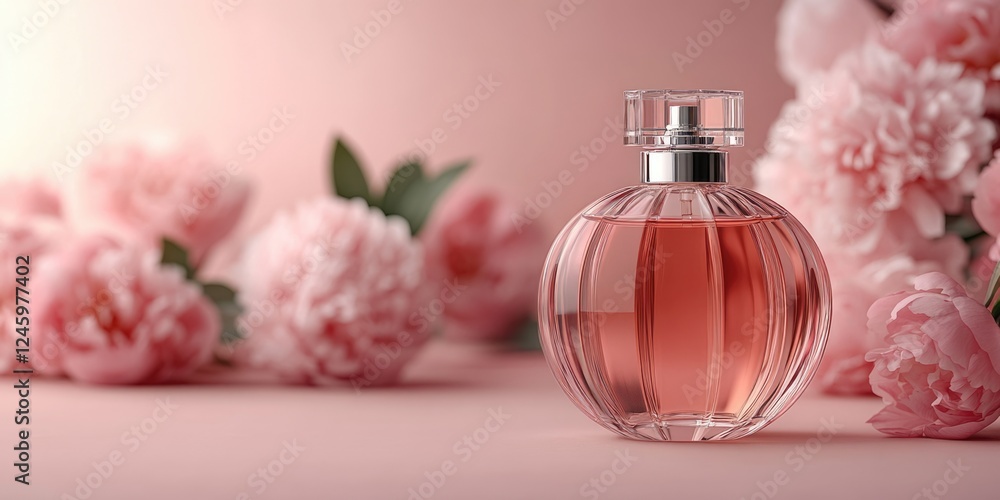 Poster elegant perfume bottle surrounded by blooming peonies on a soft pink background with ample empty spa