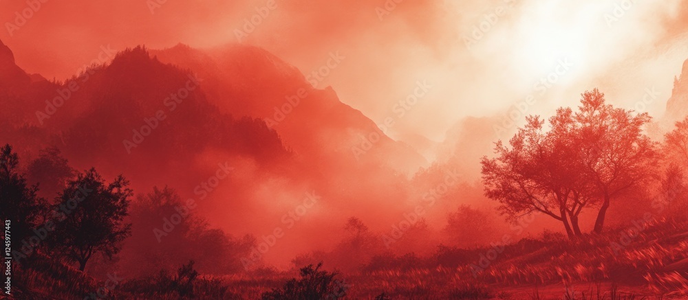 Poster enchanting red mist enveloping mountains at dawn creating a mystical and atmospheric landscape scene