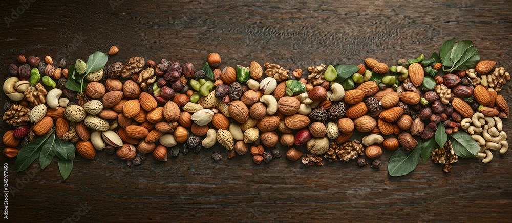 Poster assorted nuts and seeds arranged artistically on a wooden surface with greenery for a healthy snack 