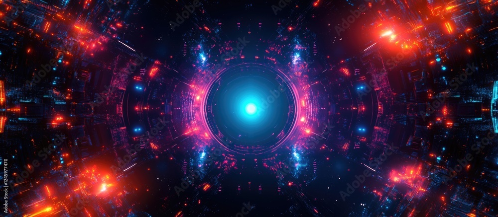 Aufkleber futuristic cosmic alien mothership in a vibrant space scene with colorful light effects and empty ar
