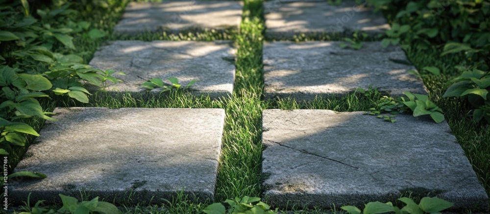 Poster overgrown concrete slabs surrounded by grass creating a natural pathway in a serene outdoor setting