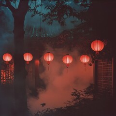 Traditional red asian lanterns glowing softly near a tree with leaves and zen papaya fruit