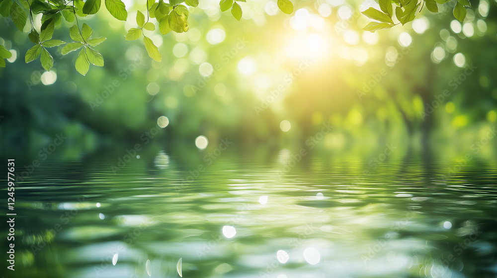 Aufkleber blurred background of water and green trees with sunlight reflection, a nature-inspired blurred back