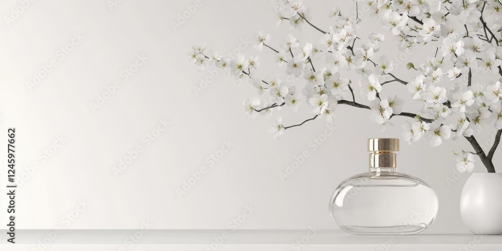 Poster elegant perfume bottle displayed with spring flowers on a minimalist table against a soft background