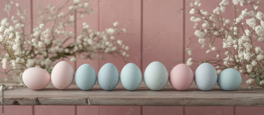 Poster pastel easter eggs arranged on wooden shelf with soft pink background and spring flowers creating a 