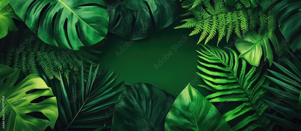 Poster lush green fern leaves arranged on a dark green background creating a vibrant and refreshing botanic