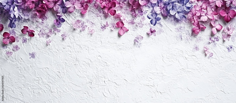 Poster floral background featuring pink and lilac flowers on a textured white surface with ample empty spac