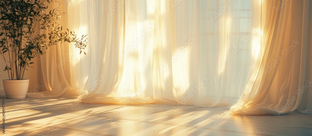 Poster sunlight casting intricate patterns on a white curtain creating a warm and serene indoor atmosphere 