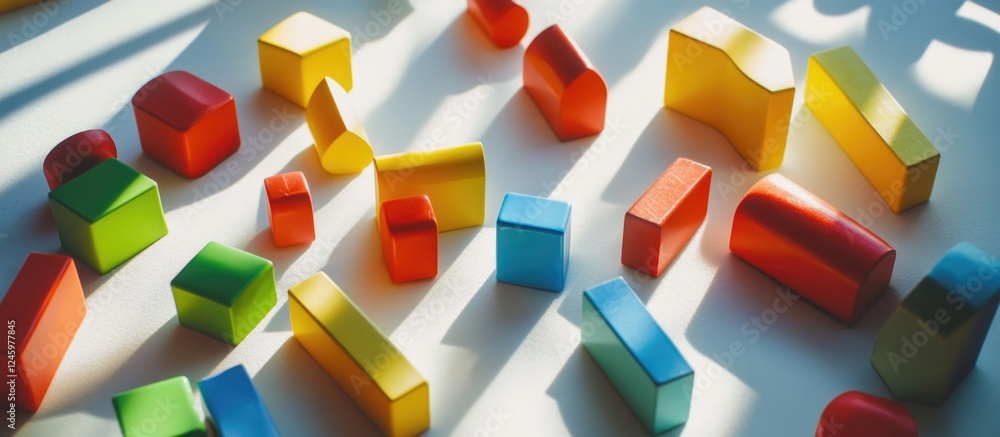 Poster Colorful geometric plastic toy blocks scattered on a light surface casting playful shadows in a bright, cheerful environment.