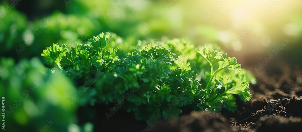 Poster curly parsley in a garden setting showcasing its vibrant green leaves for culinary and medicinal use