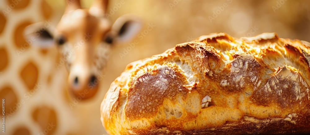 Poster close-up of a freshly baked loaf of bread with a blurred giraffe in the background showcasing unique