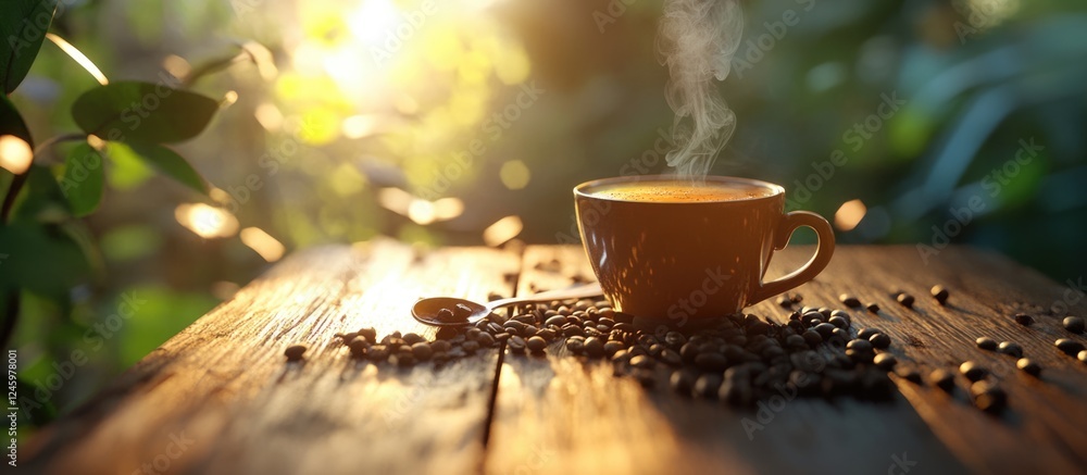 Poster aromatic cup of coffee surrounded by coffee beans in a serene nature setting with soft warm lighting