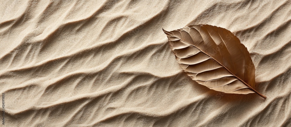 Poster dry leaf resting on textured sand surface creating a natural and serene background for design and na