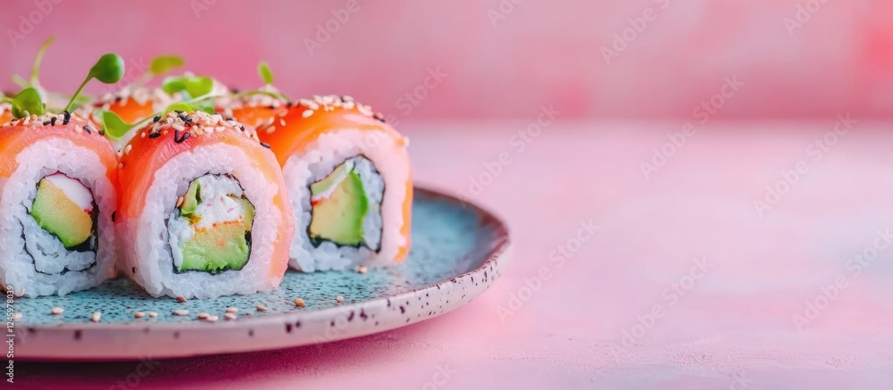 Aufkleber vibrant vegan sushi rolls artfully arranged on decorative plate with space for text background enhan