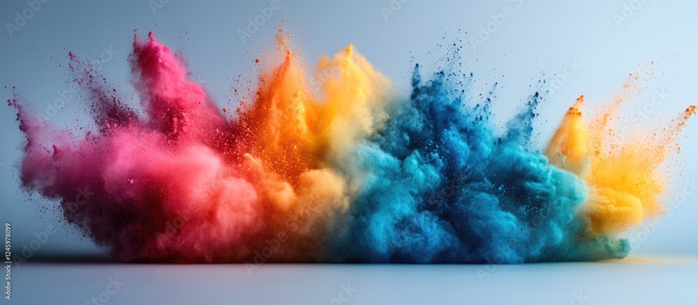 Poster Vibrant colorful powder explosion creating a dynamic artistic background on a white surface