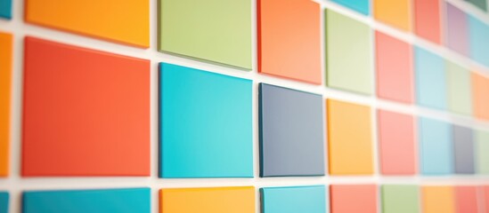 Creative office wall design featuring vibrant colored grids with an available blank area for customizable text or branding.