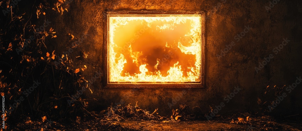 Poster burnt window frame with glowing flames and dark surroundings creating a dramatic scene with ample co