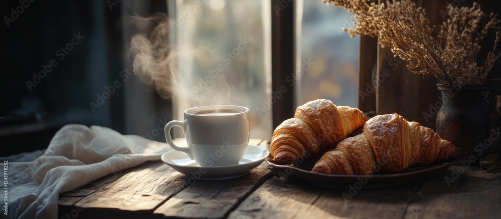Poster coffee and fresh croissants on a rustic wooden table with a cozy atmosphere and warm sunlight stream